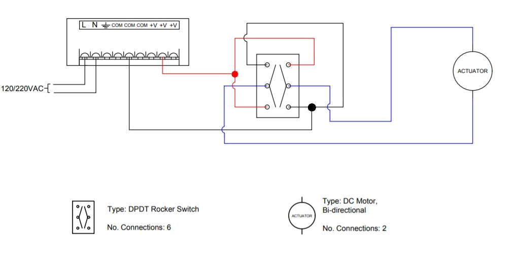 Wiring diagram of a rocker switch to an actuator